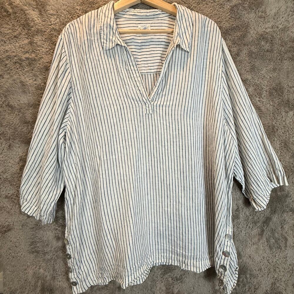 Sigrid Olsen Linen Blue White Stripe Tunic Top Po… - image 2